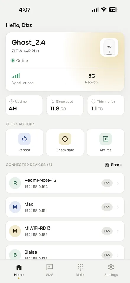 Mi MDev home screen showing device status, signal, and monthly data usage