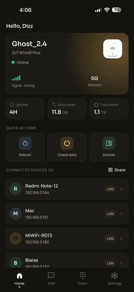 Mi MDev home screen showing device status, signal, and monthly data usage