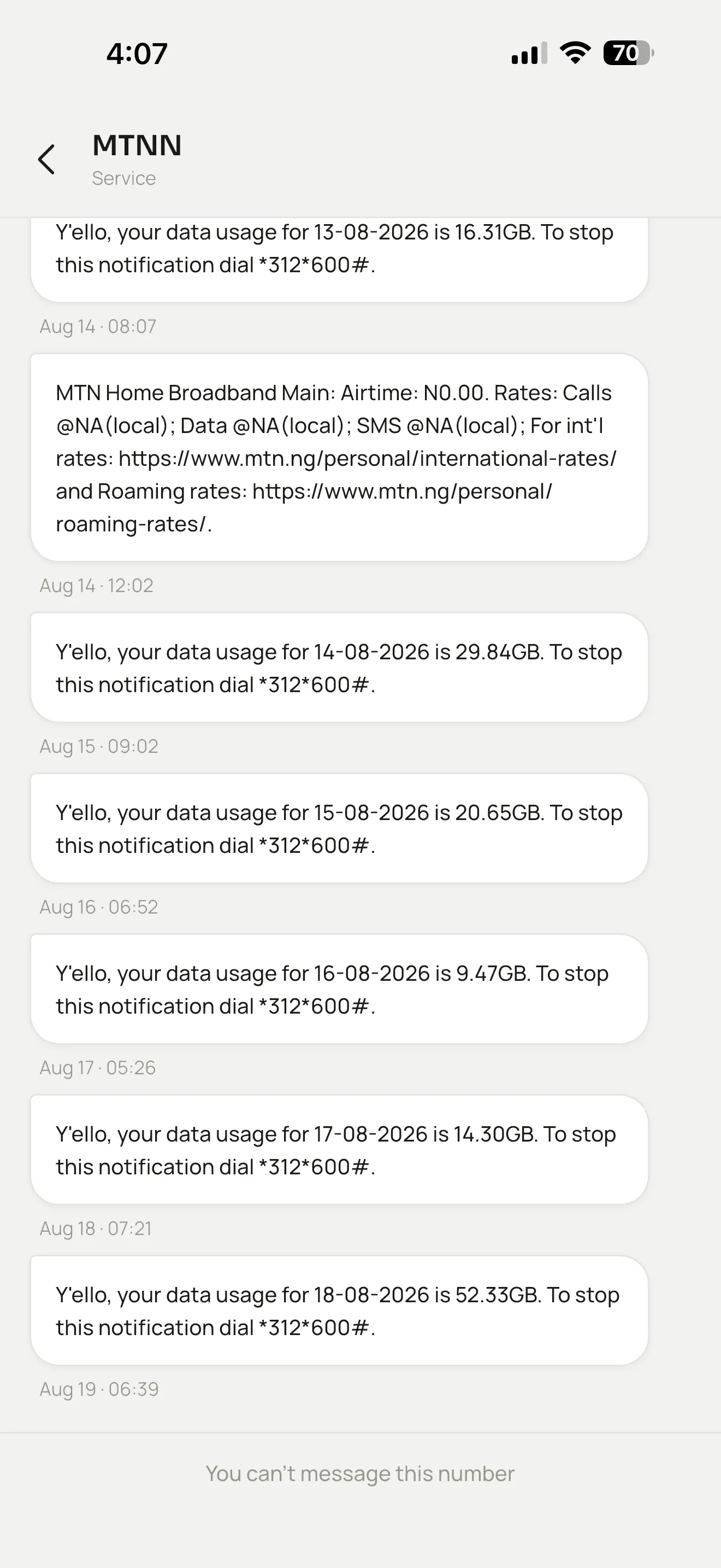 Mi MDev SMS thread with MTN showing daily data usage alerts