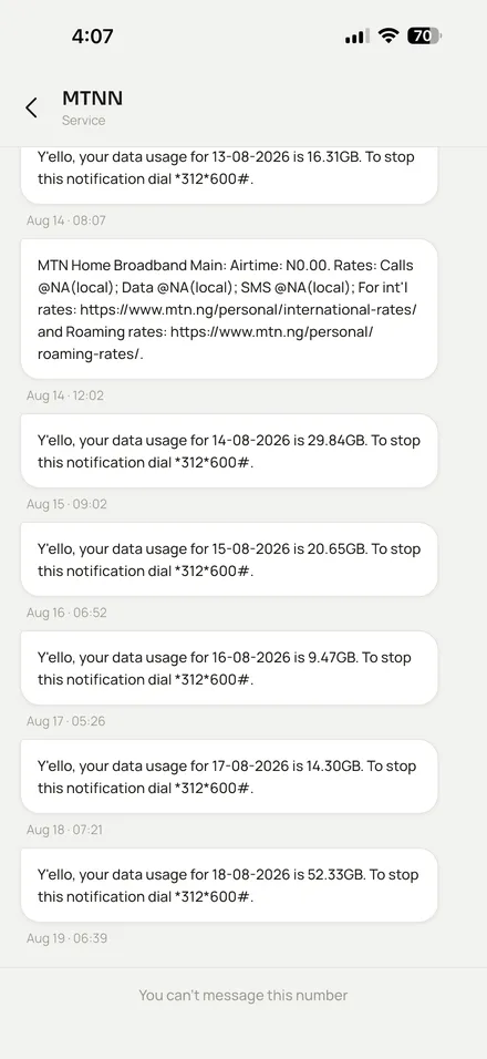 Mi MDev SMS thread with MTN service showing daily data usage alerts
