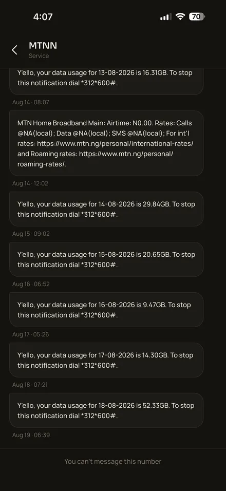 Mi MDev SMS thread with MTN service showing daily data usage alerts