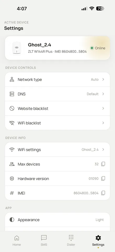 Mi MDev device settings screen with network type, DNS, and device info