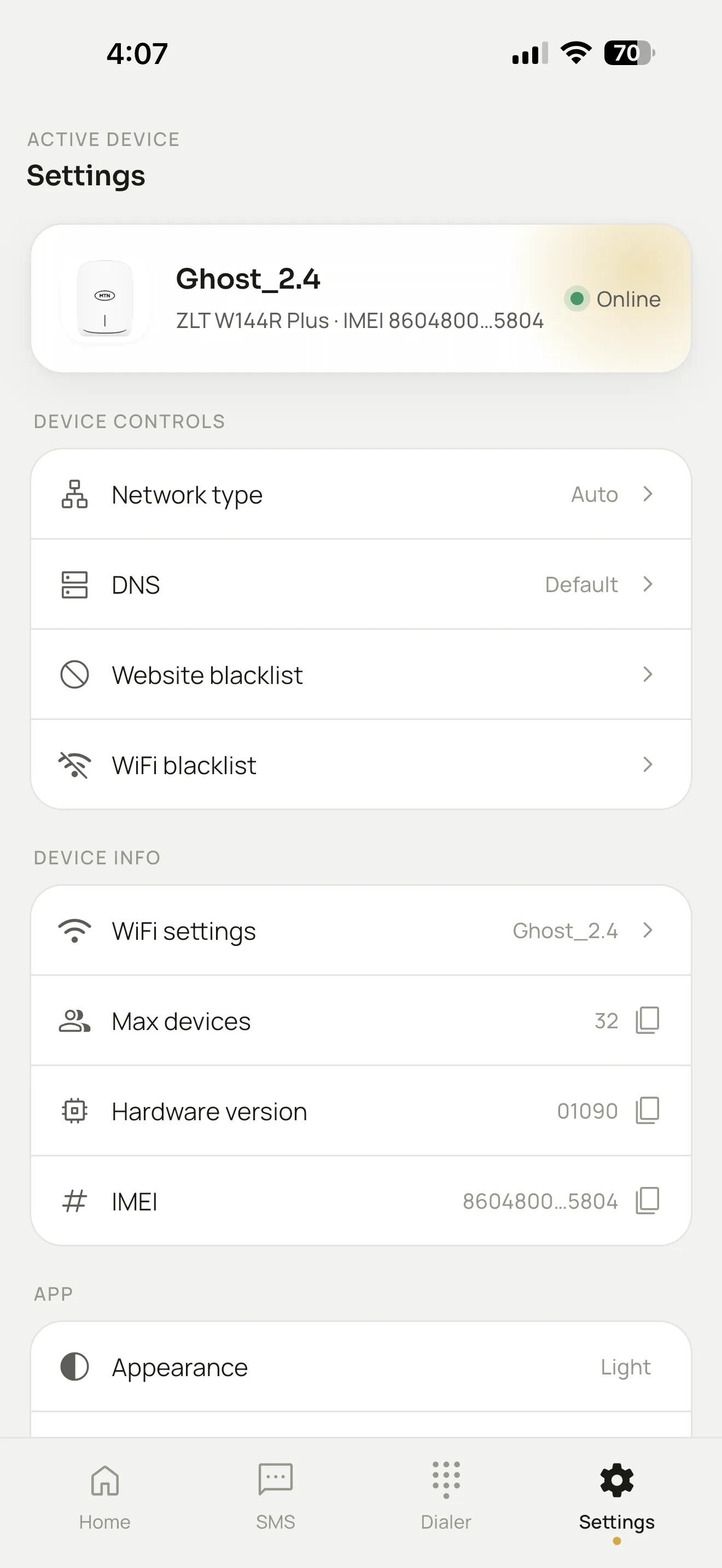 Mi MDev device settings screen with network type, DNS, and device info