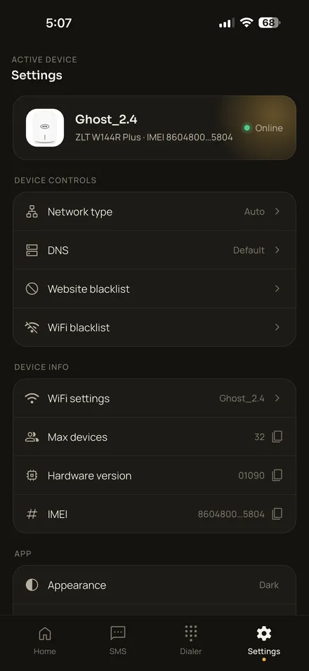 Mi MDev device settings screen with network type, DNS, and device info